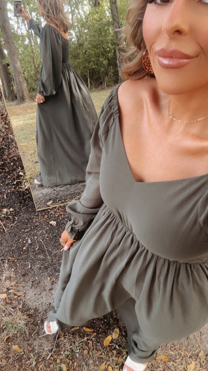 ECB Exclusive: Timeless Romantic Chiffon Maxi Dress, Olive