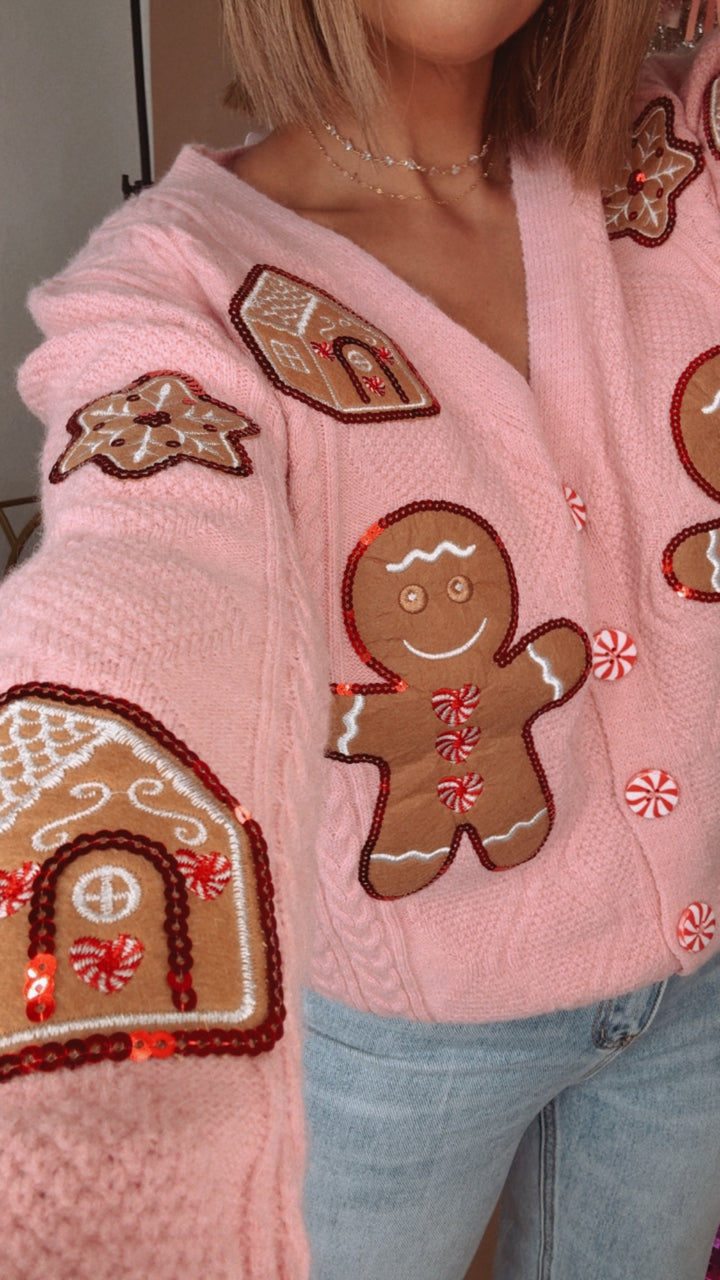 Holiday Gingerbread Man Cardi, Pink