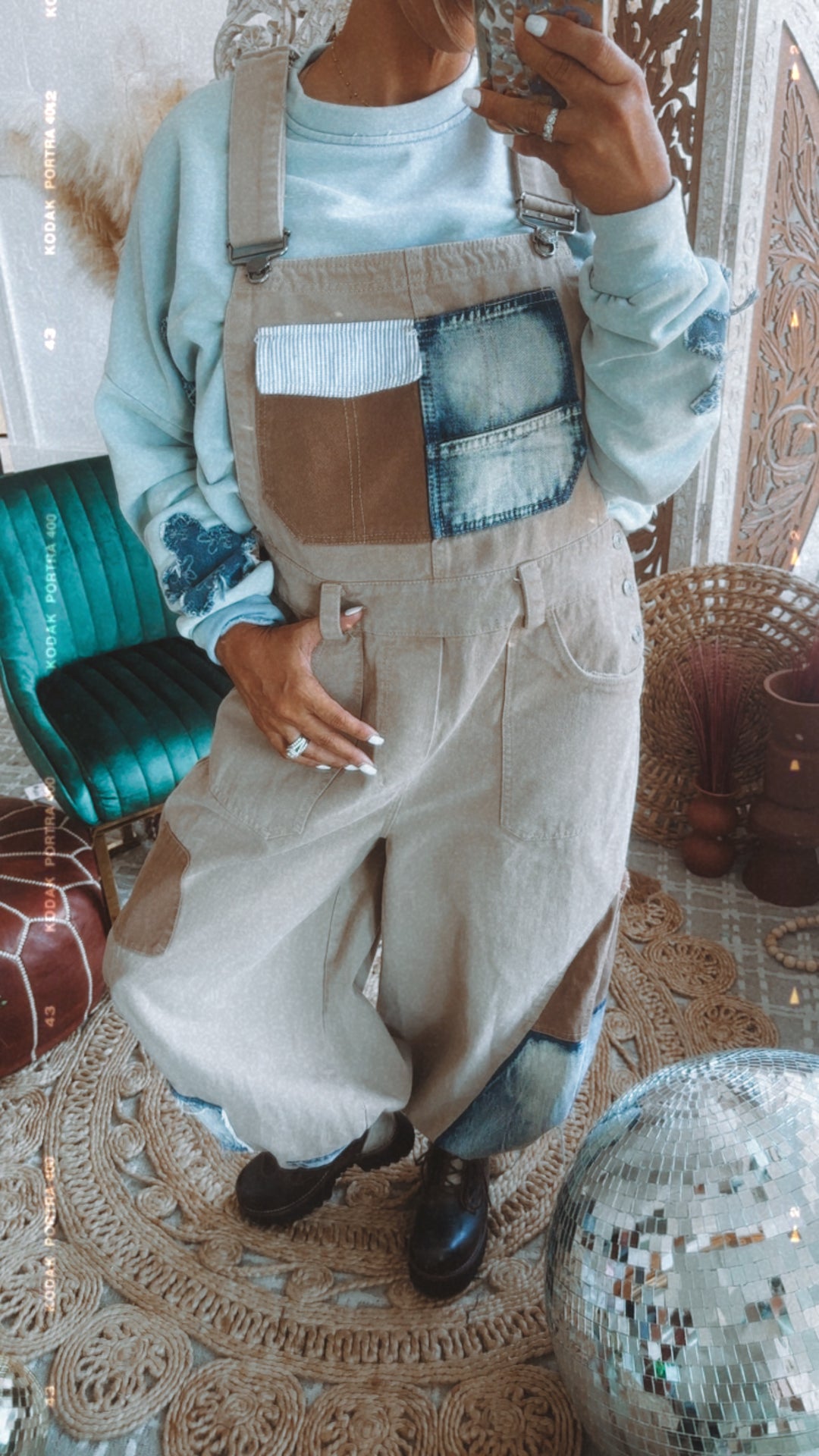 Picture This Patchwork Bib Overalls, Khaki