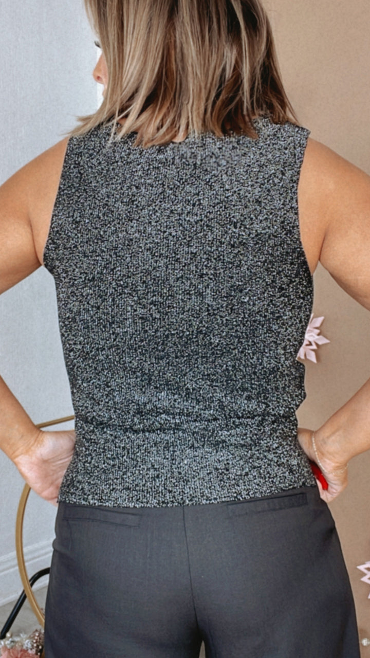 Sleeveless Glitter Sweater Top, Black