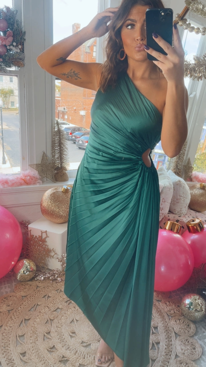 Olivia One Shoulder Satin Pleated Dress, Green