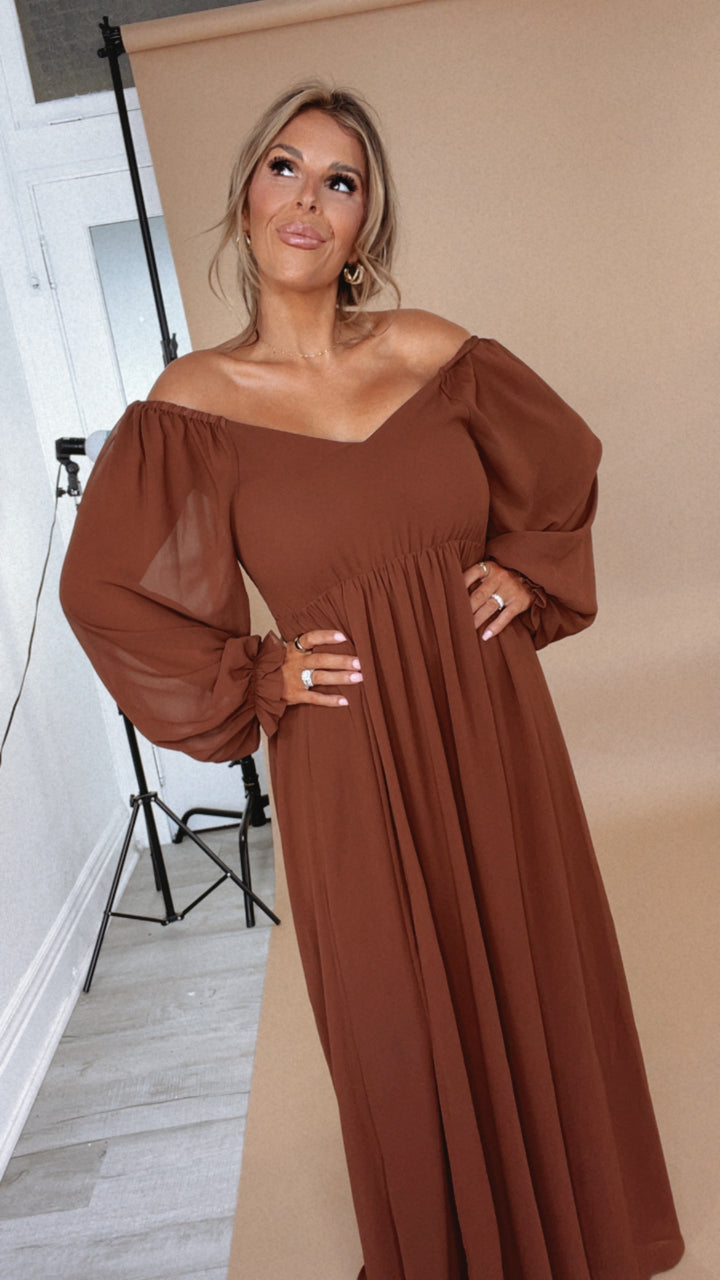 PREORDER 10.7.24 ECB Exclusive: Timeless Romantic Chiffon Maxi Dress, Brown