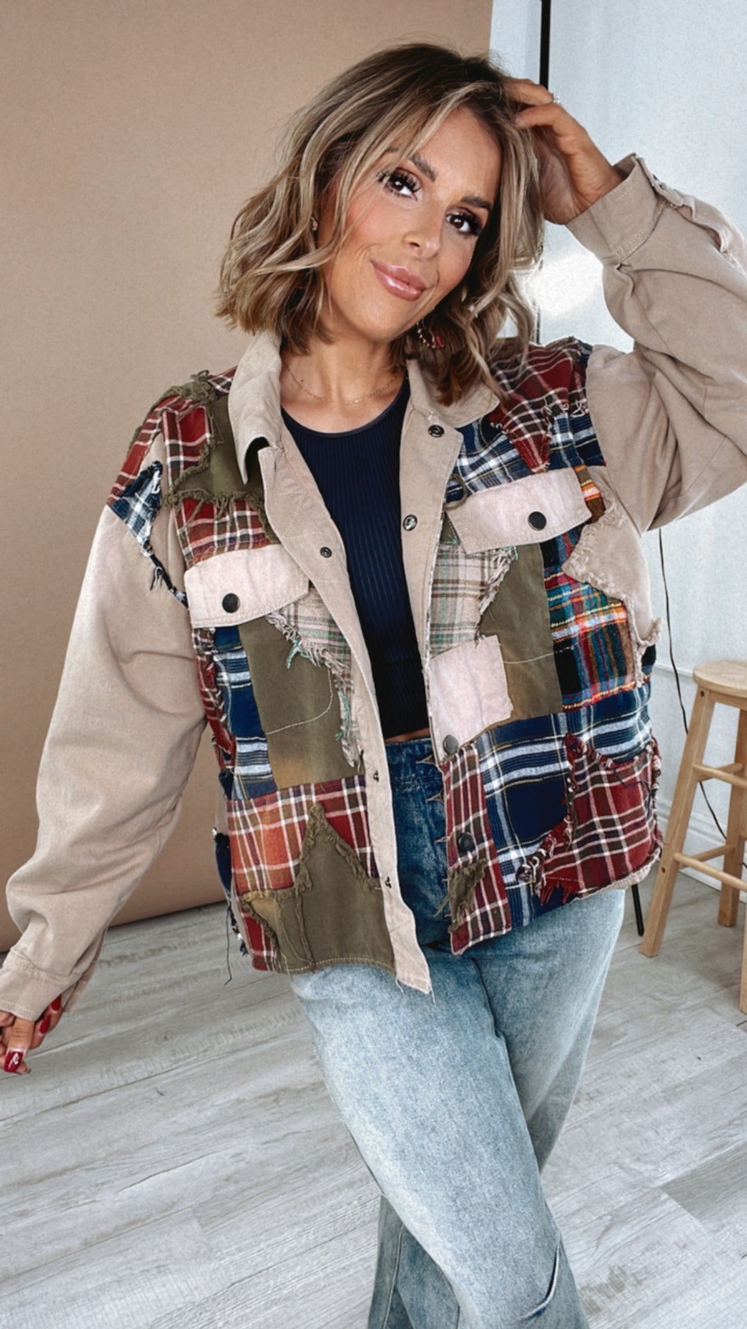 Care Free Plaid Patch Button Down Jacket, Khaki