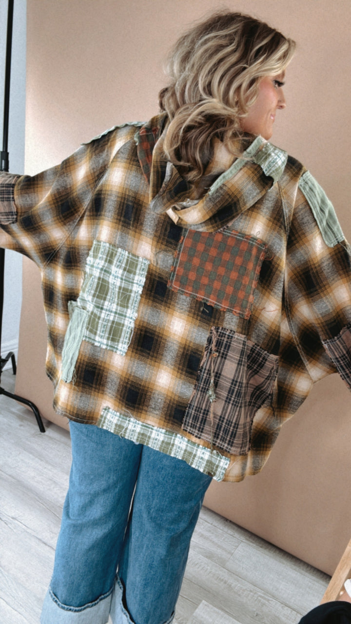 Mix It Up Patchwork Flannel Hooded Top