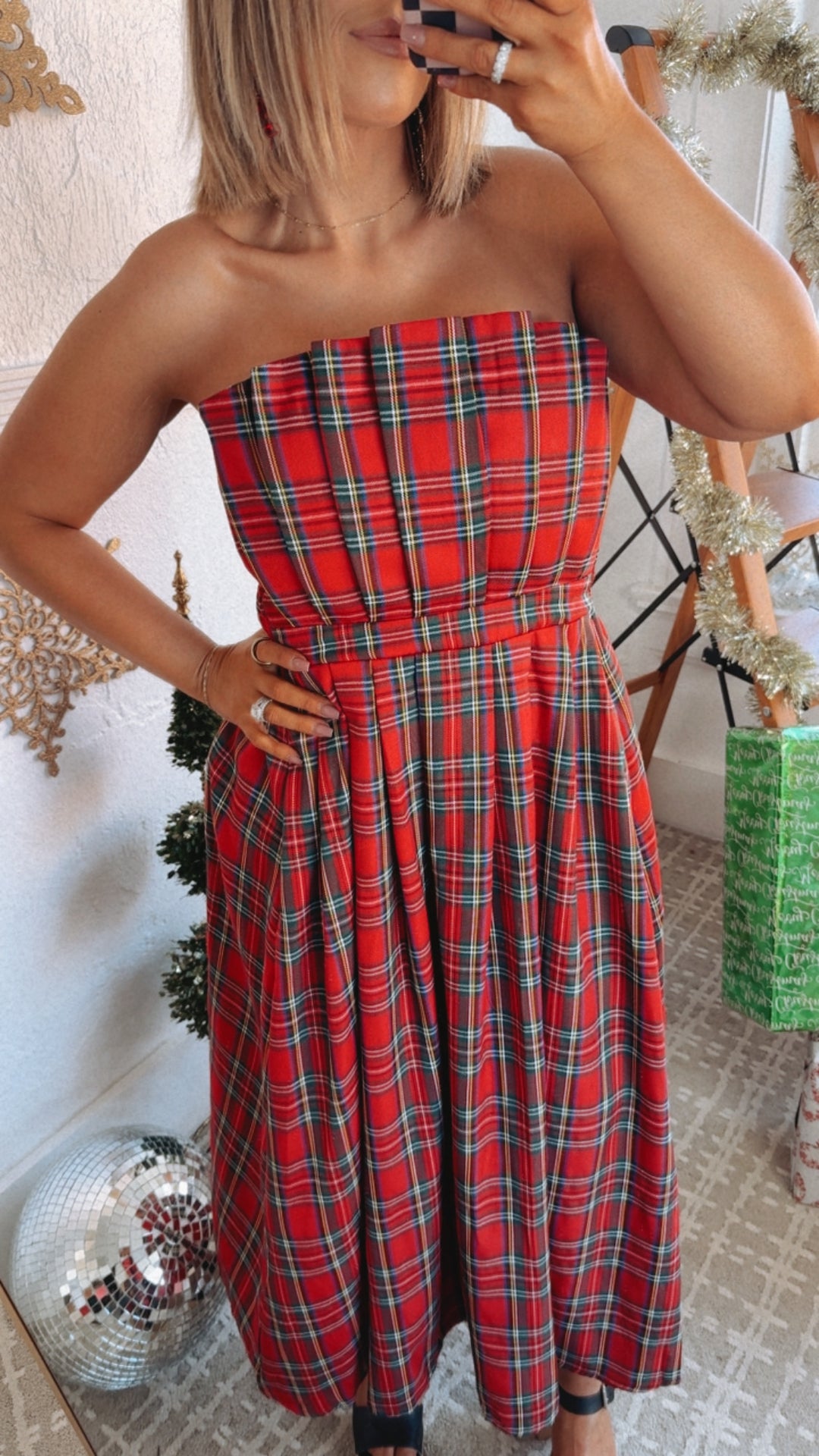 Cheers To You Plaid Strapless Midi Dress, Red