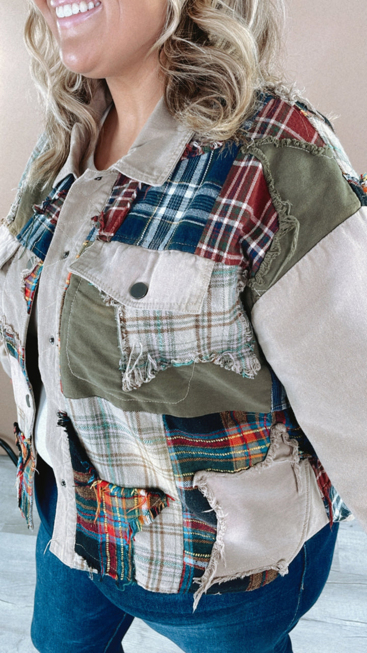 Care Free Plaid Patch Button Down Jacket, Khaki