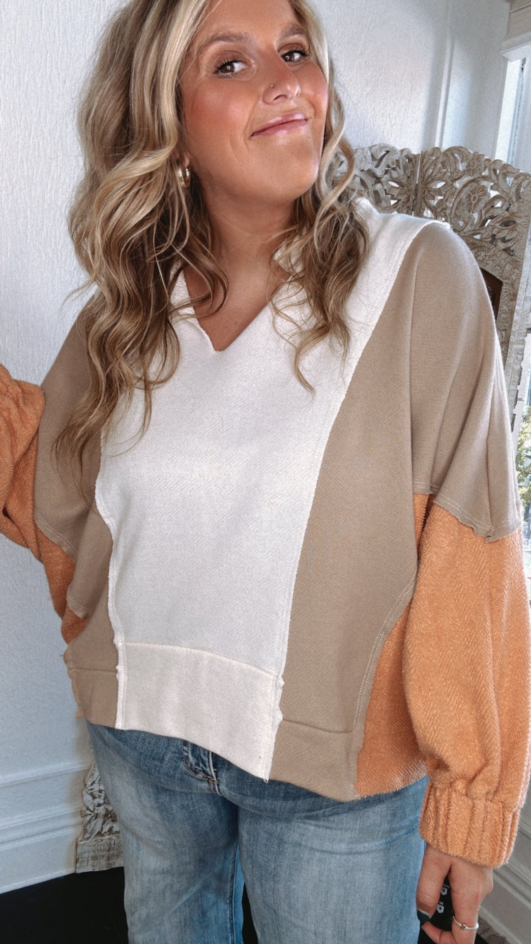 Oversized Contrasted Top, Cream/Taupe