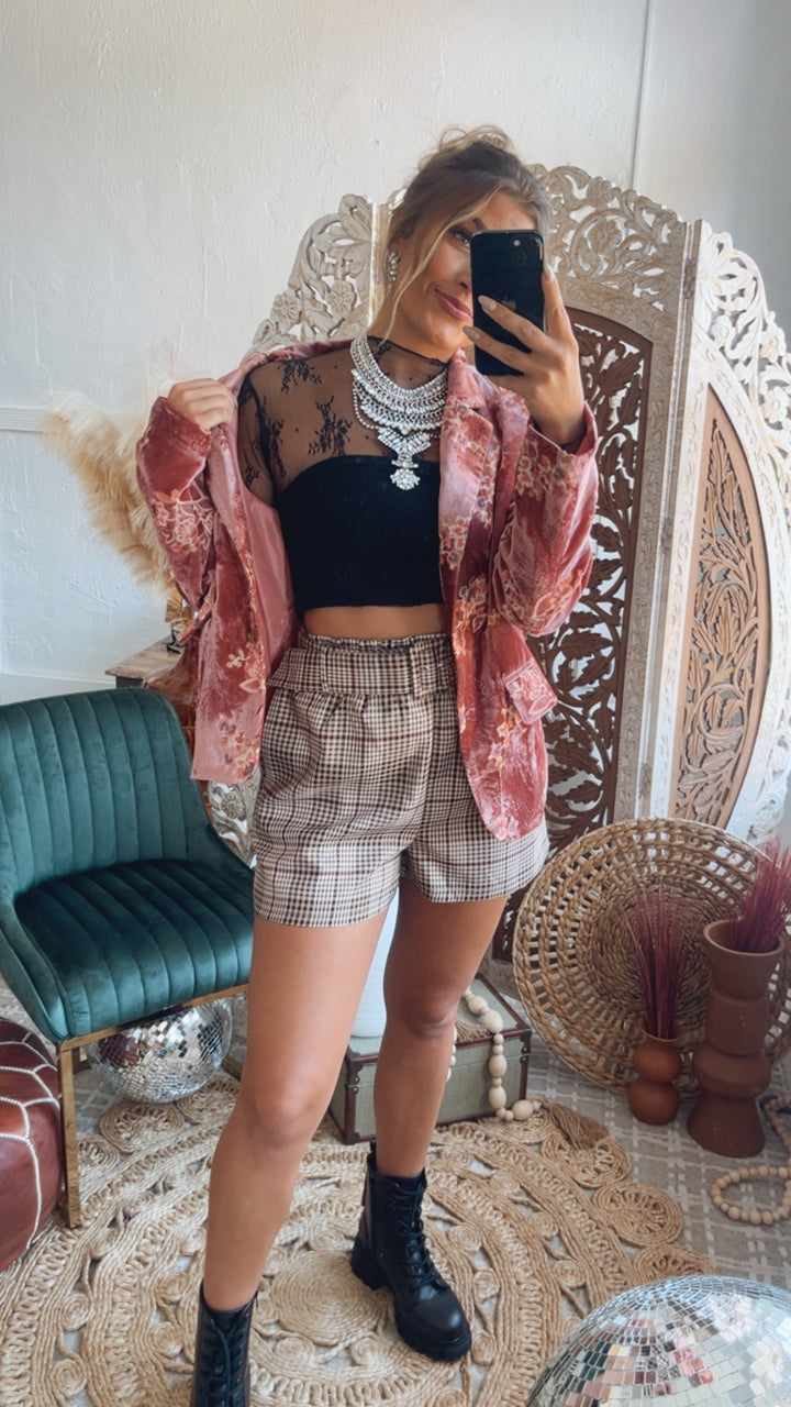 Poise In Plaid Shorts, Camel/Burgundy