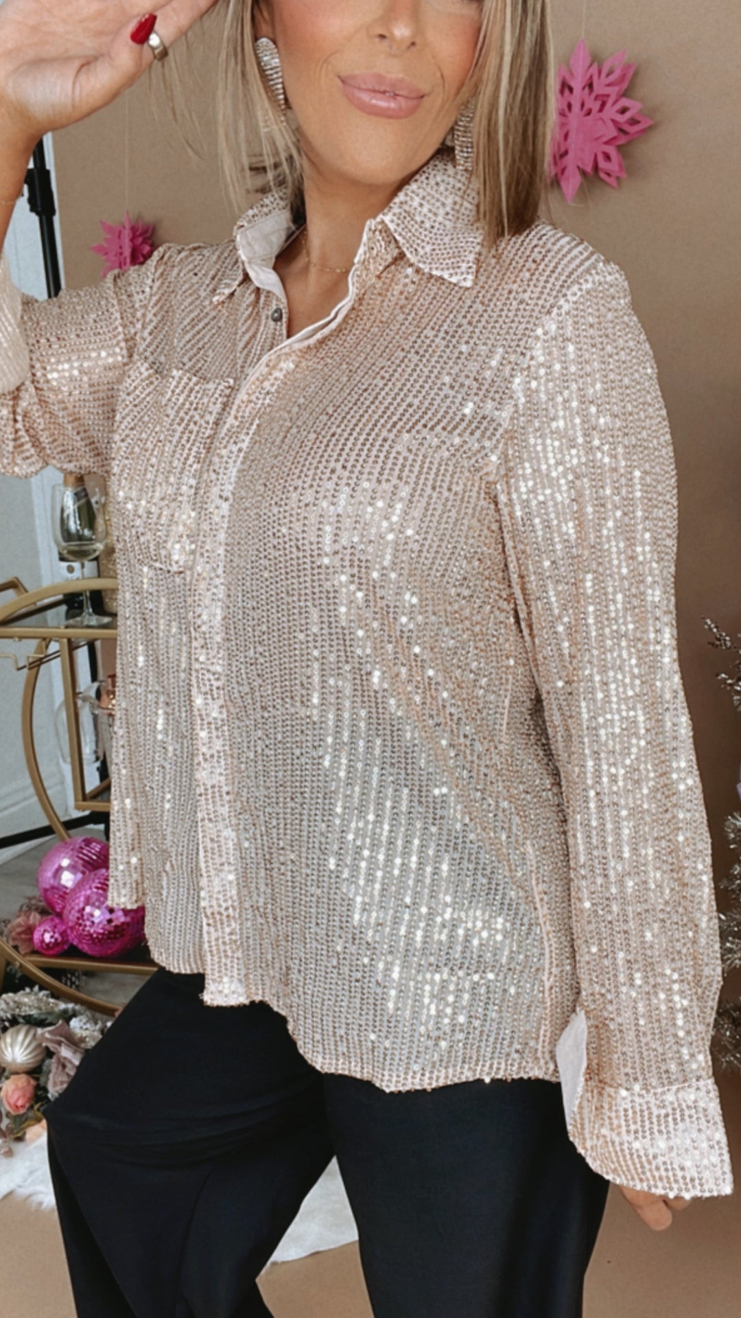 Give Me Sequin Button Up Blouse , Gold