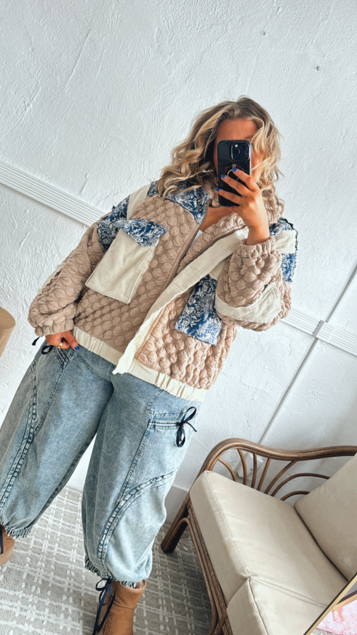 Now Trending Oversized Contrast Quilted Jacket, Tan/Denim Blue