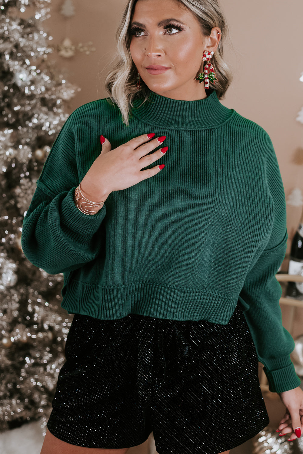 Side Slit Oversized Cropped Sweater, Dark Green