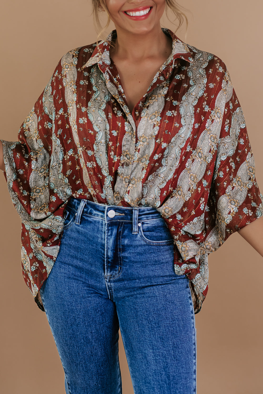 Sheer Floral Chiffon Top, Brown/Red