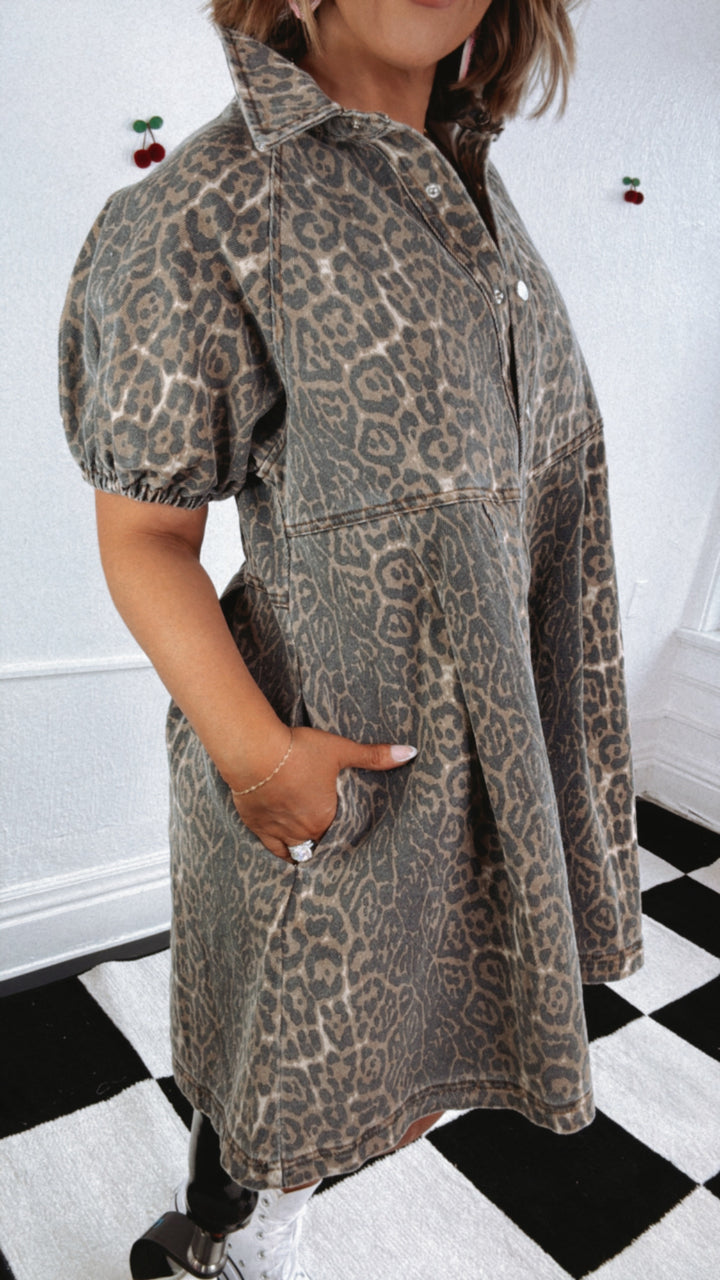 All Sass Leopard Print Button Denim Dress