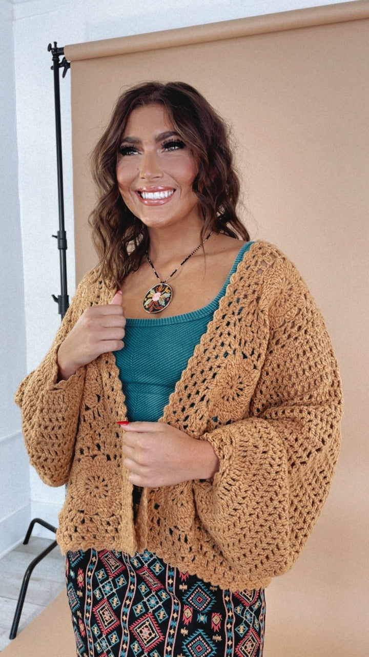 Open Front Crochet Cardigan, Caramel