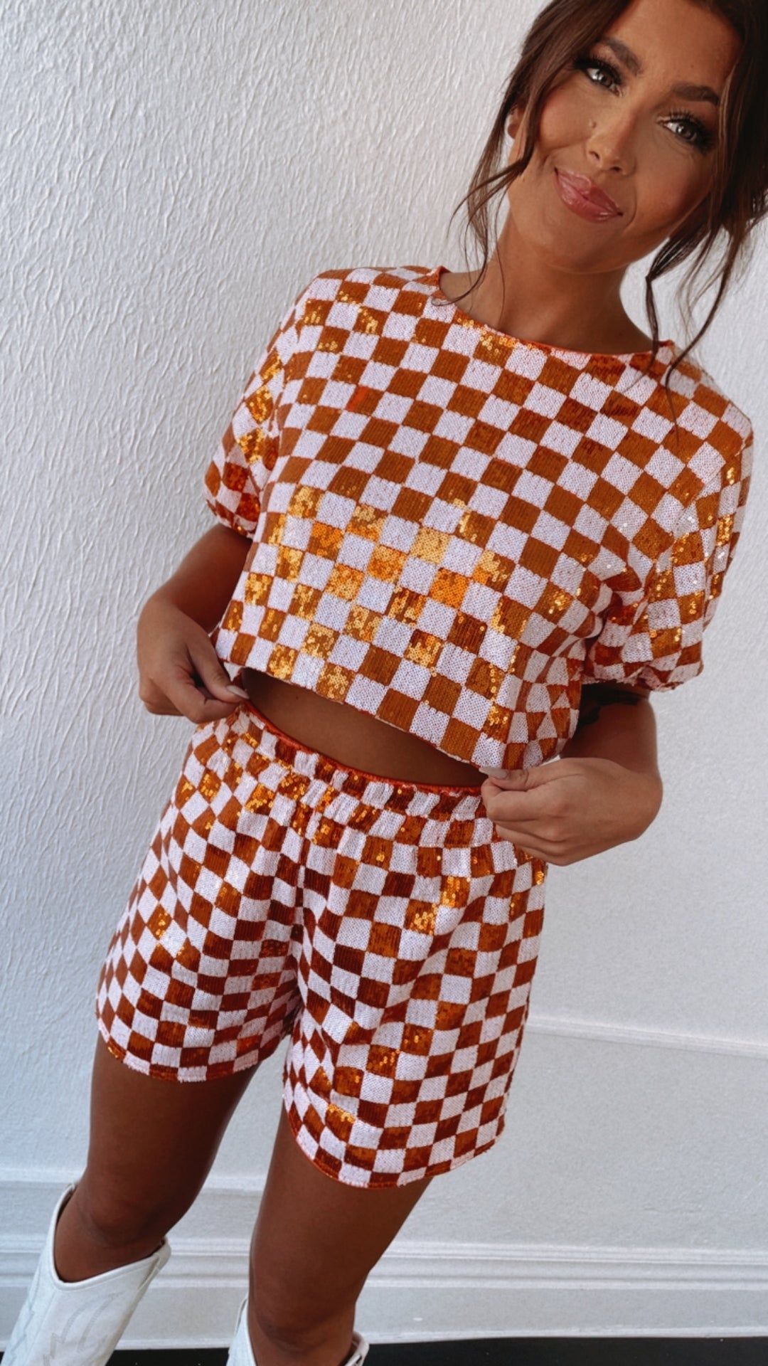 Orange & White Gameday Checkered Sequin Set