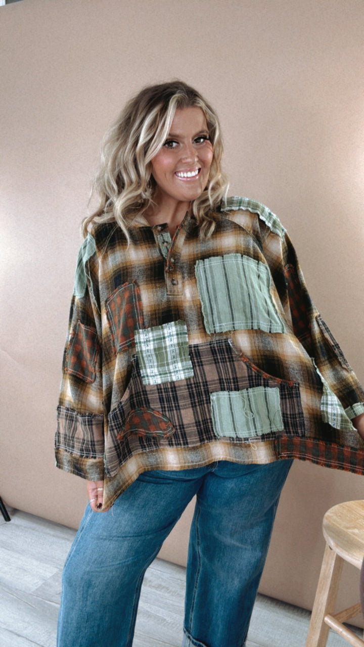 Mix It Up Patchwork Flannel Hooded Top