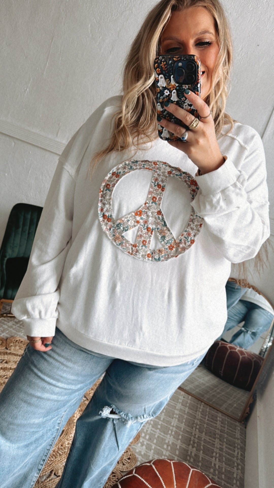 Patchy Floral Peace Sweatshirt, White