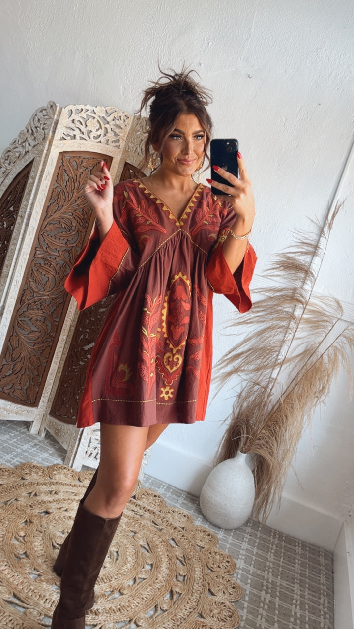 Vintage Love Boho Embroidered Mini Dress, Red