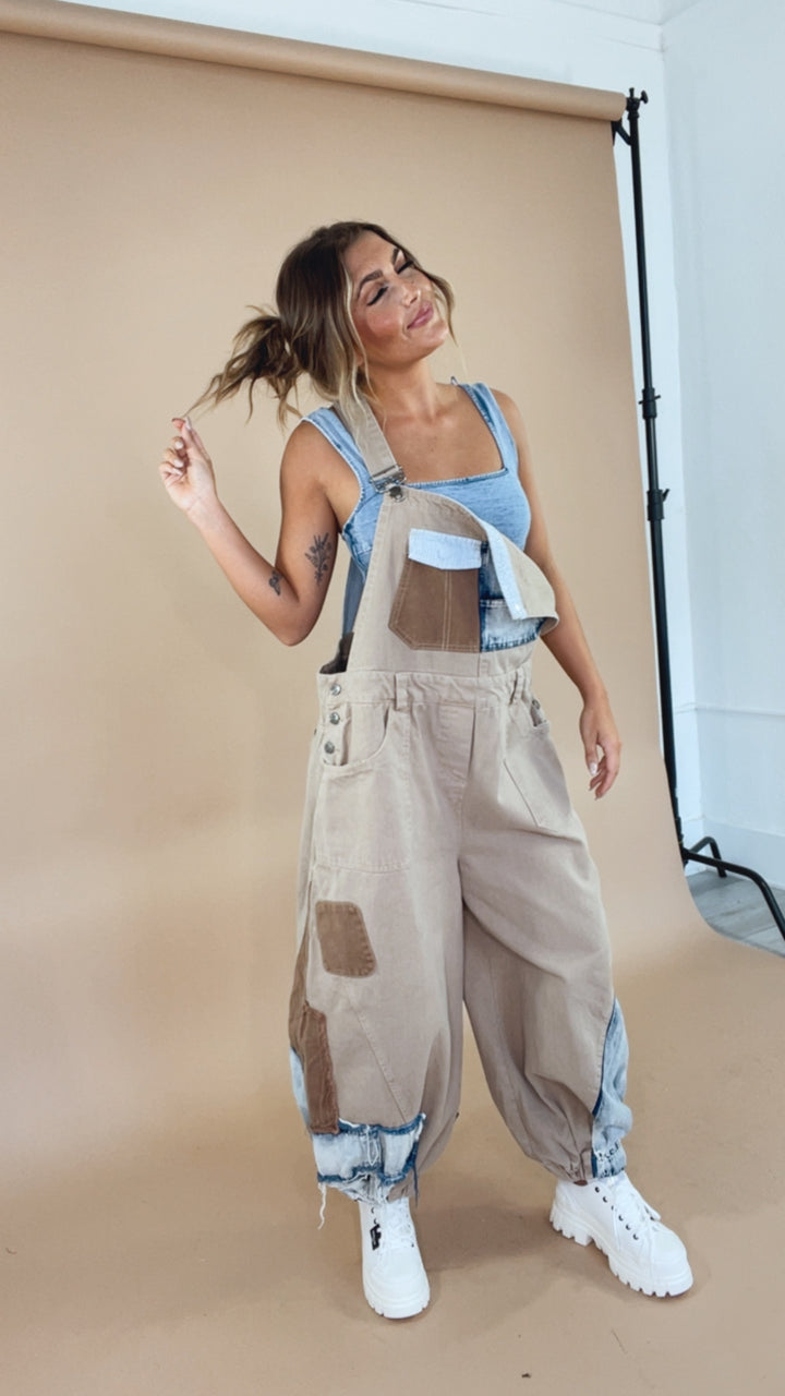 Picture This Patchwork Bib Overalls, Khaki