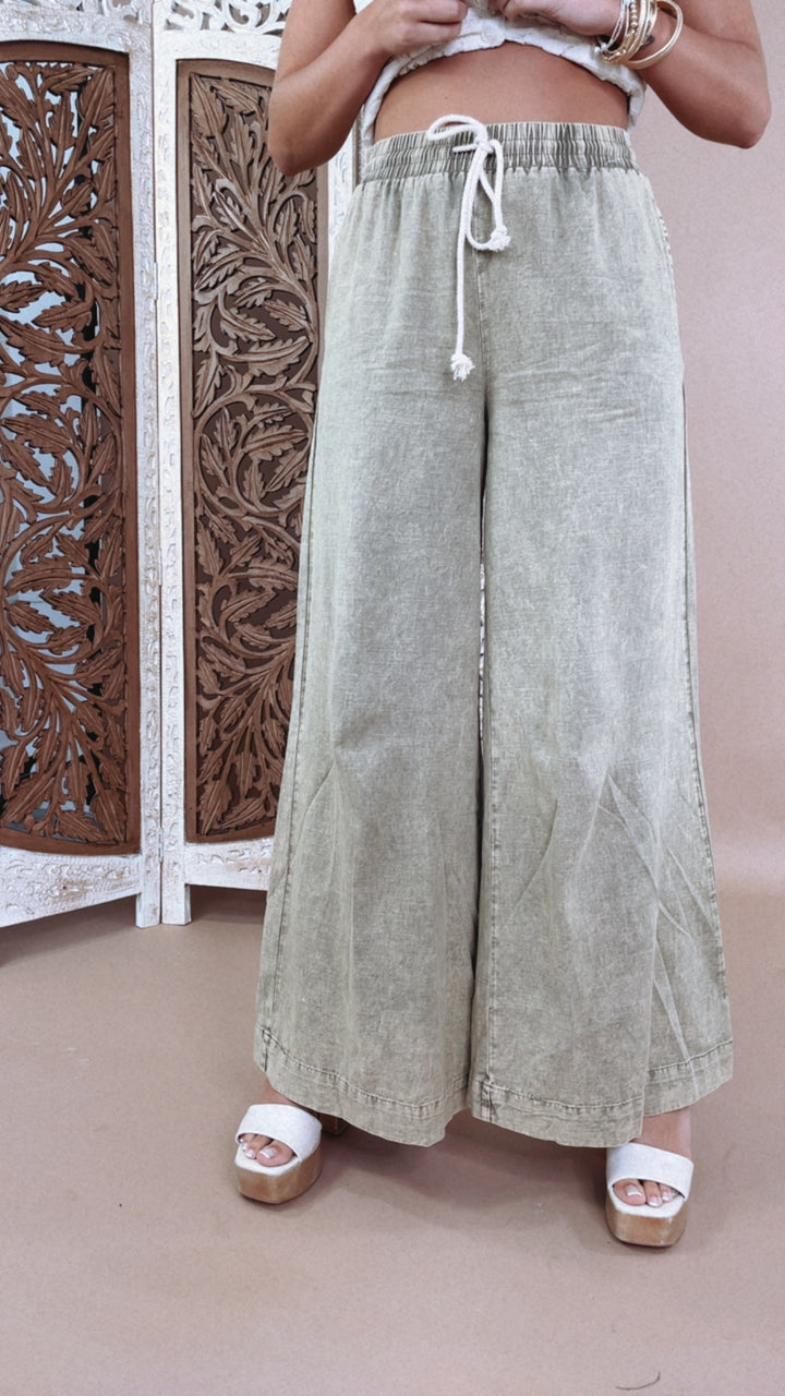 Mix It Up Mineral Washed Wide Leg Pants, Olive