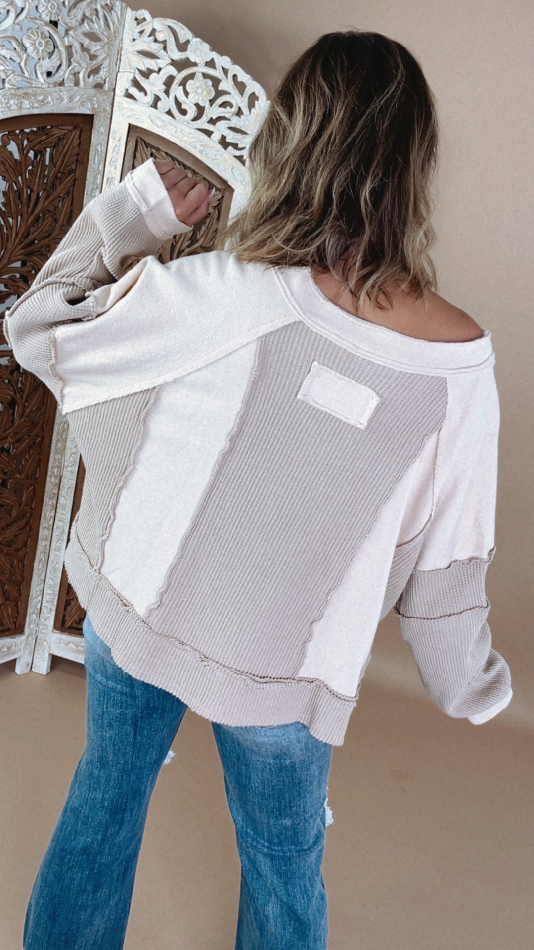 POL: All Day Distressed Waffle Knit Top, Beige