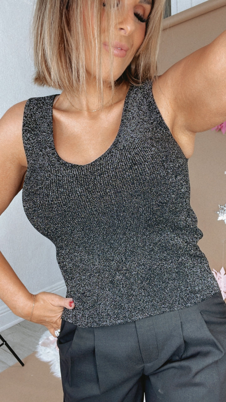 Sleeveless Glitter Sweater Top, Black