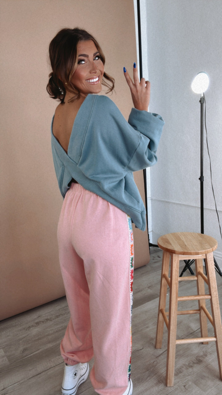 POL: Criss Cross Reversible Sweatshirt, Dusty Blue