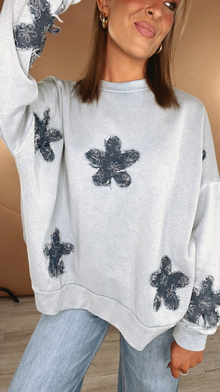 She's A Star Patchwork Crewneck Sweatshirt, Light Blue