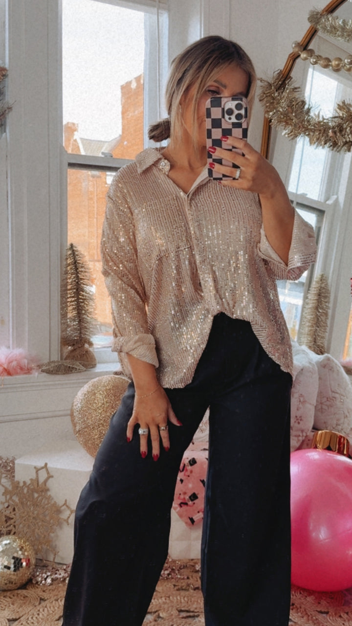 Give Me Sequin Button Up Blouse , Gold