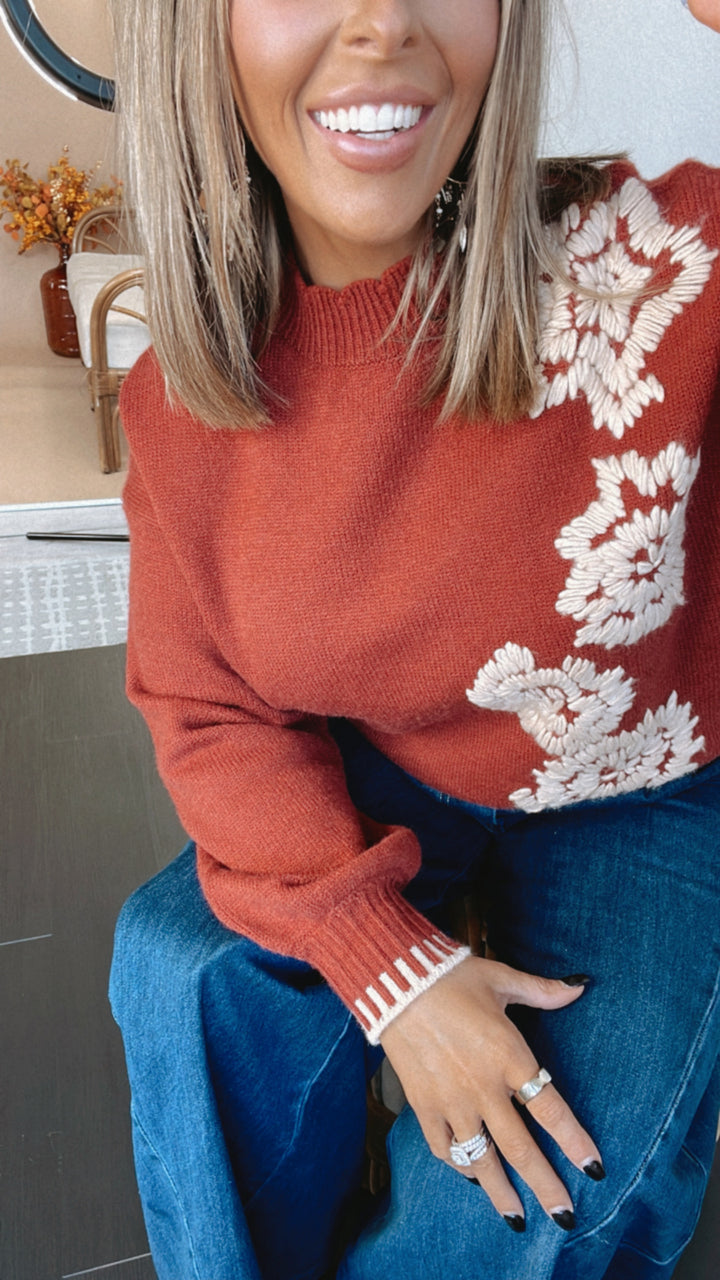 Enough Said Floral Embroidered Mock Neck Sweater, Terracotta