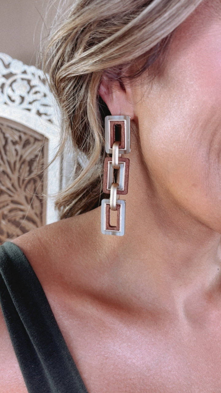 Linked Wooden Rectangle Earrings, Natural