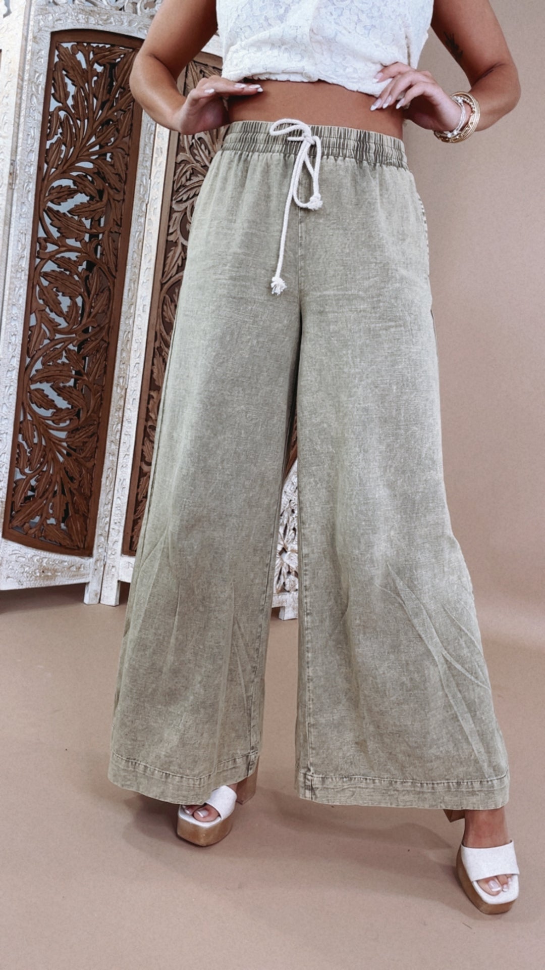 Mix It Up Mineral Washed Wide Leg Pants, Olive