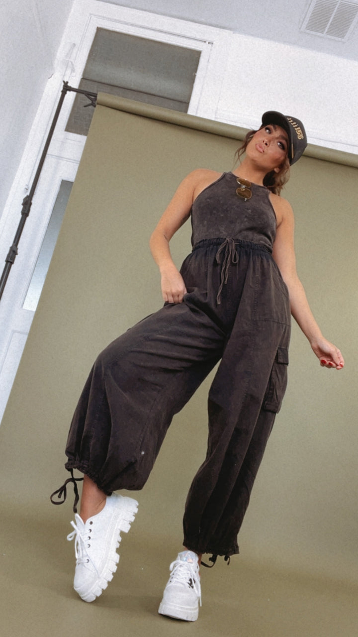 Corrie Cargo Pant Jumpsuit, Black