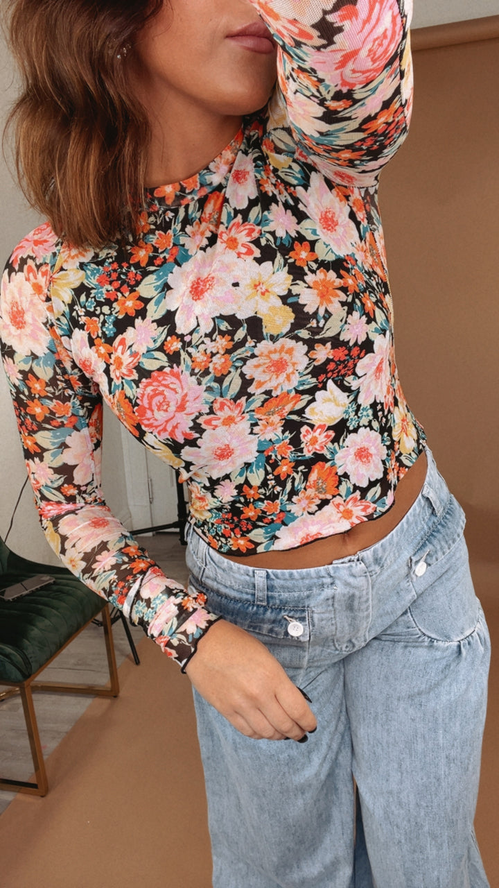 Floral Mesh Long Sleeve Top, Black