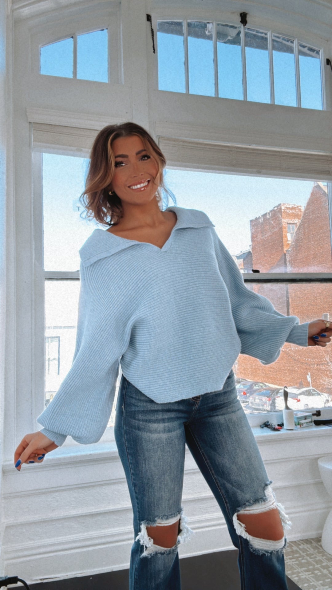 Just For Kicks Collared Dolman Sleeve Sweater, Blue