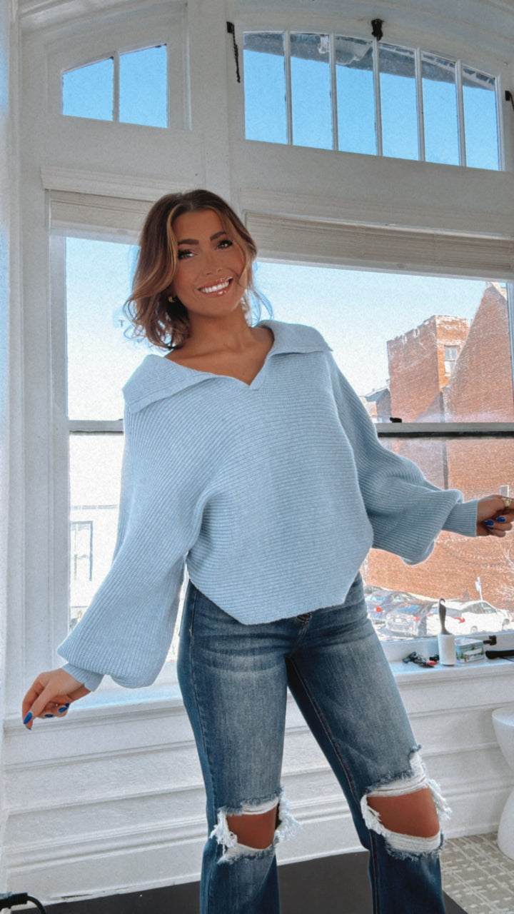 Just For Kicks Collared Dolman Sleeve Sweater, Blue