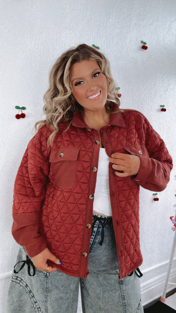 Into Layers Quilted Button Down Jacket, Brick