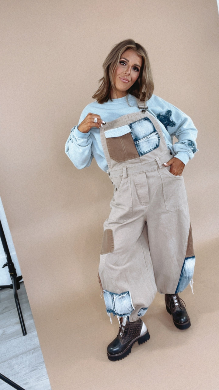 Picture This Patchwork Bib Overalls, Khaki