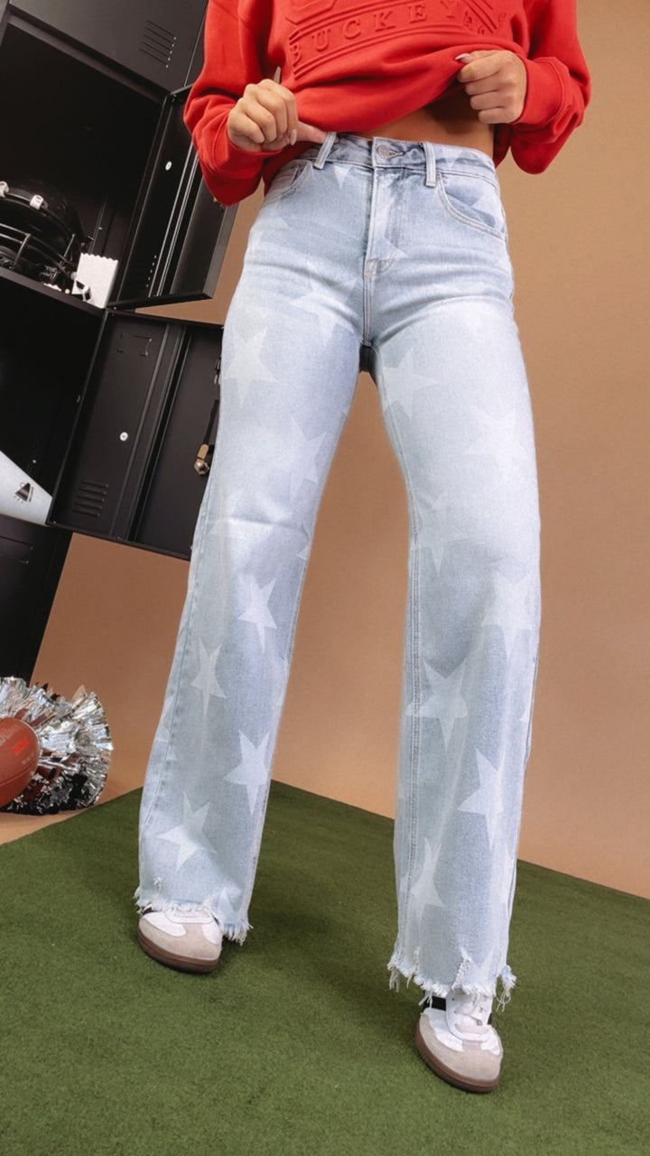 Wide Leg Star Print Denim Jeans, Risen