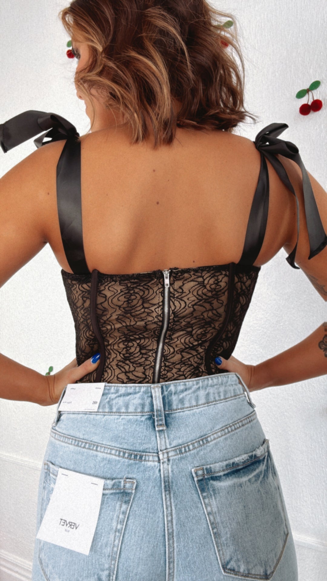 Satin Strap Lace Bustier, Black