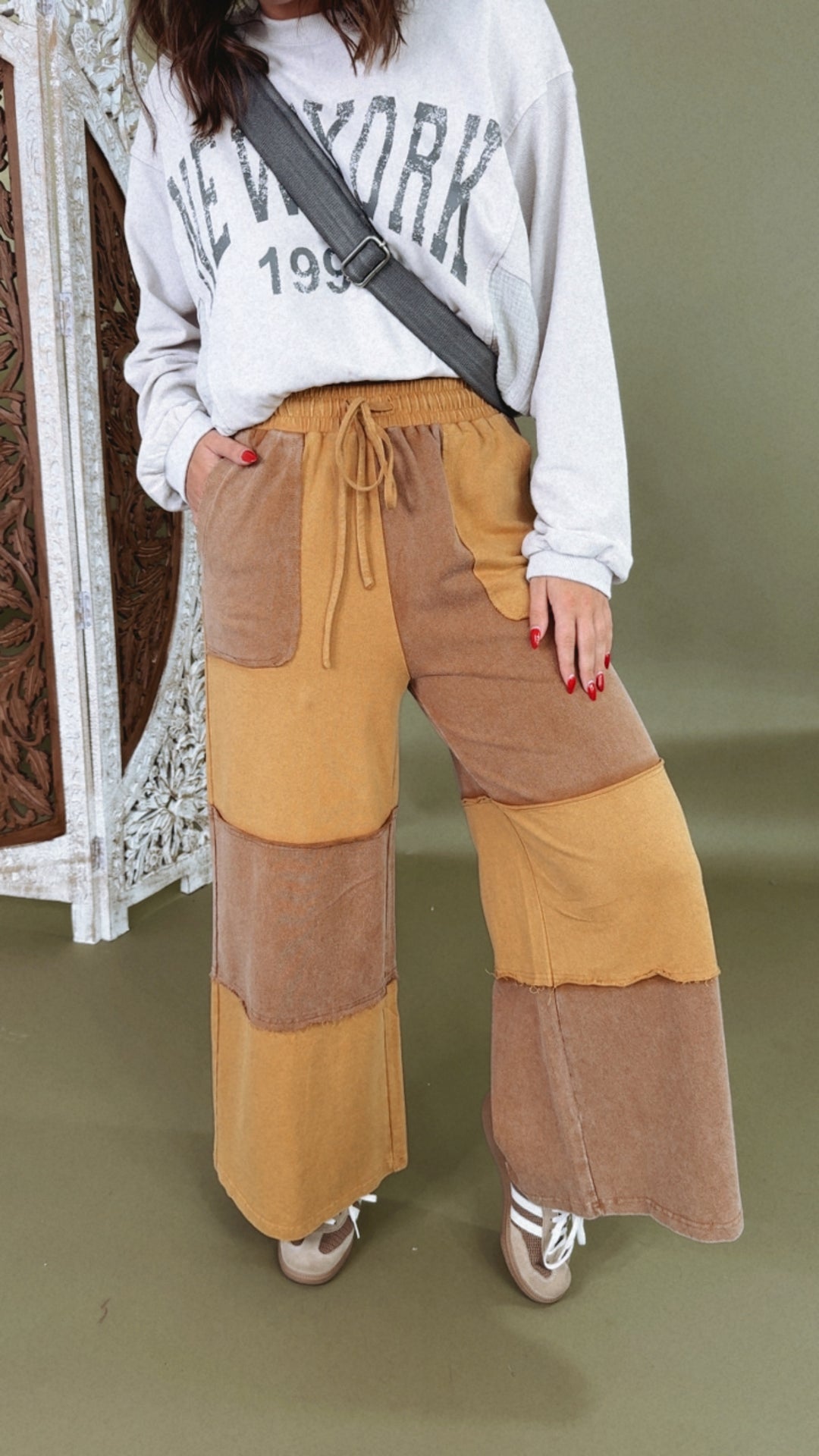 Elevated Casual Colorblock Wide Leg Pant, Mocha/Mustard