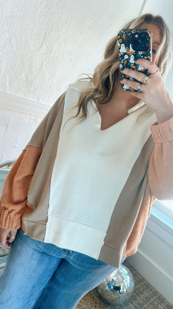 Oversized Contrasted Top, Cream/Taupe