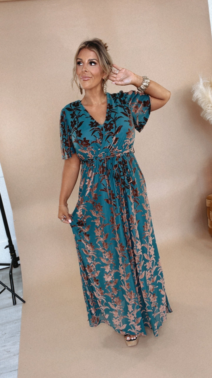 Enchanted Velvet Detailed Maxi Dress, Turquoise