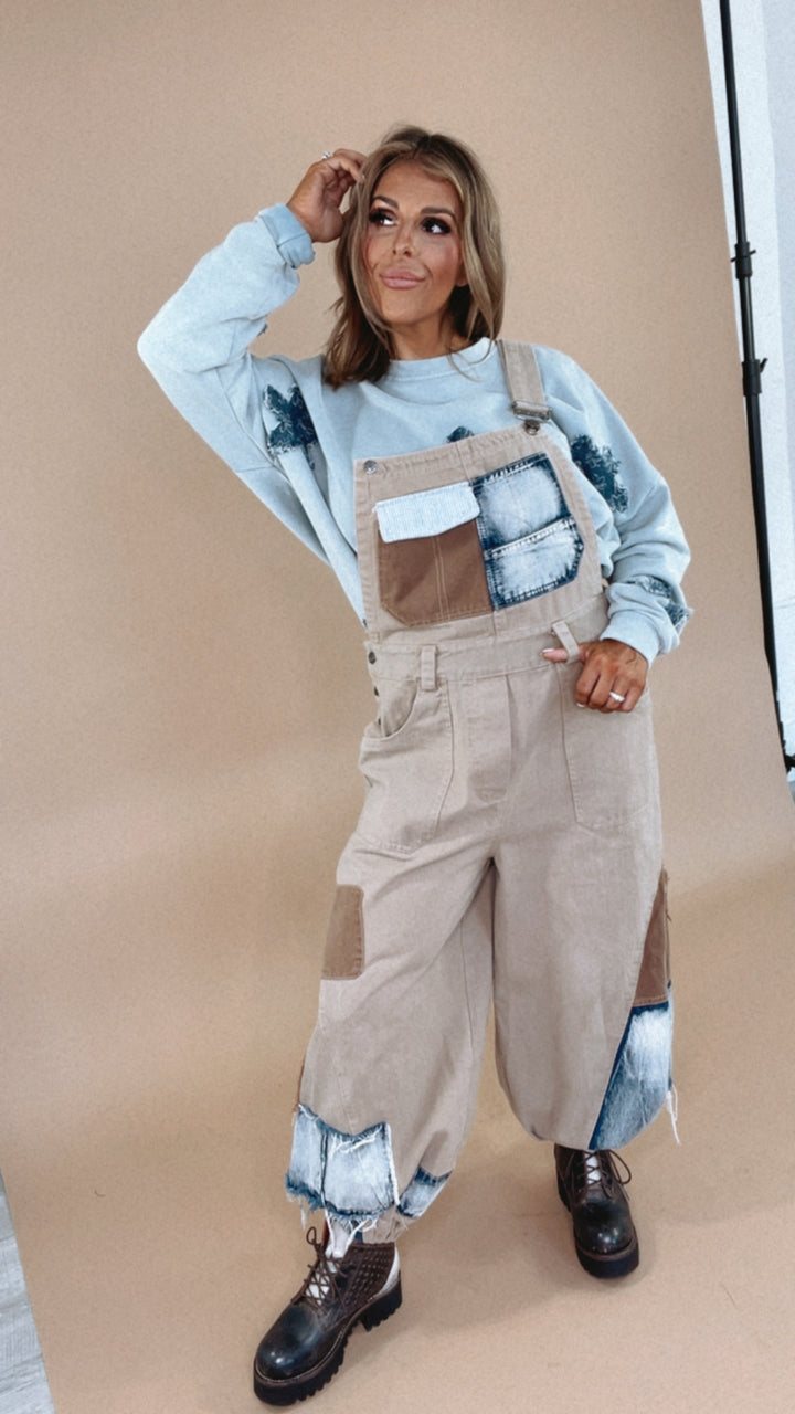 Picture This Patchwork Bib Overalls, Khaki