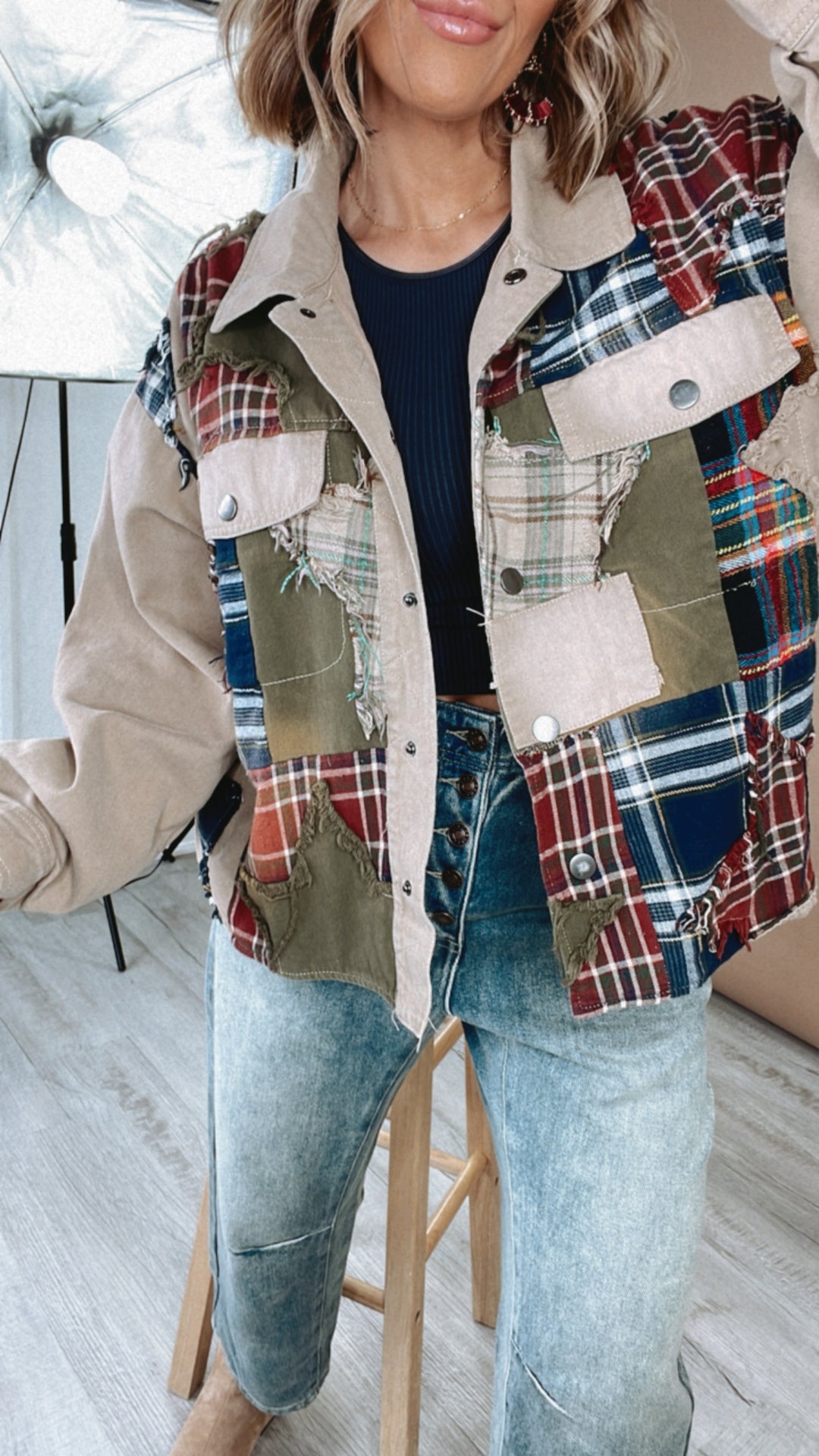 Care Free Plaid Patch Button Down Jacket, Khaki