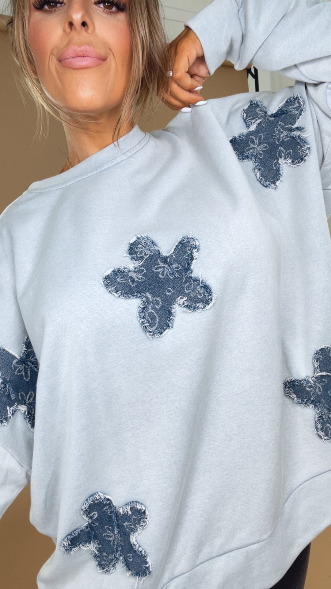 She's A Star Patchwork Crewneck Sweatshirt, Light Blue