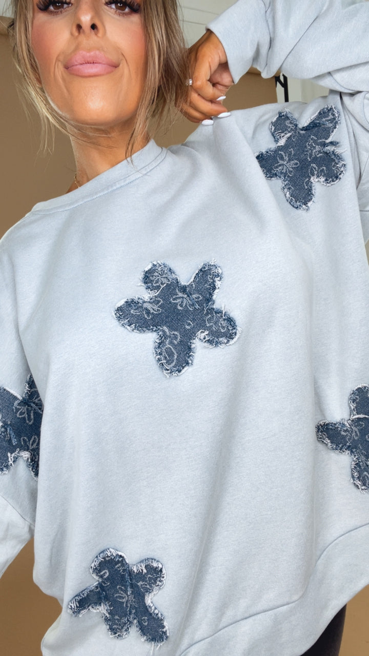 She's A Star Patchwork Crewneck Sweatshirt, Light Blue