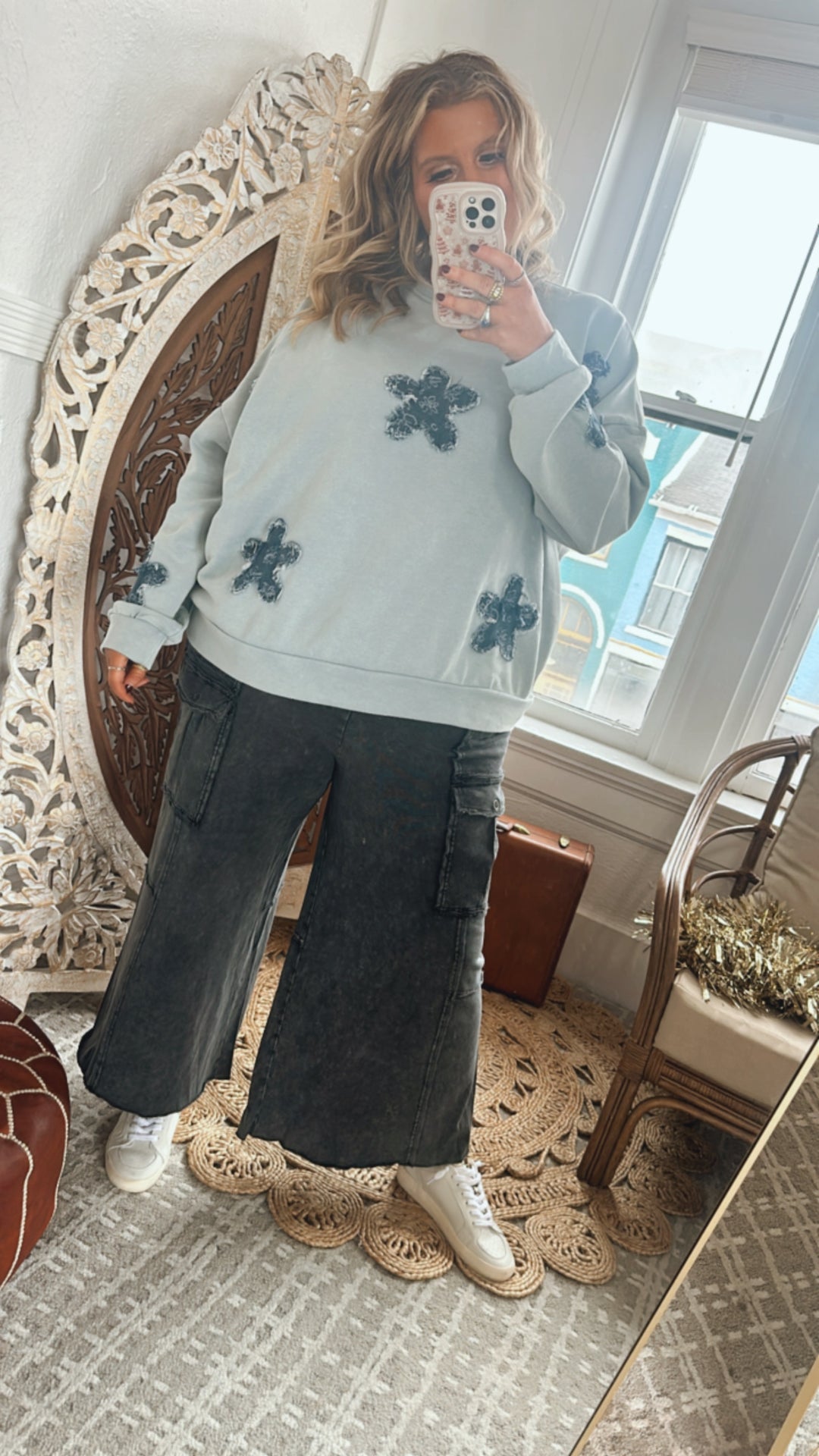 She's A Star Patchwork Crewneck Sweatshirt, Light Blue