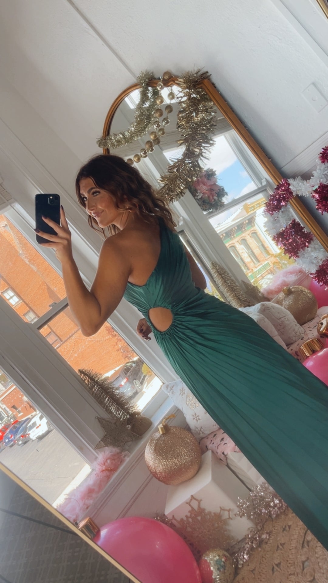 Olivia One Shoulder Satin Pleated Dress, Green