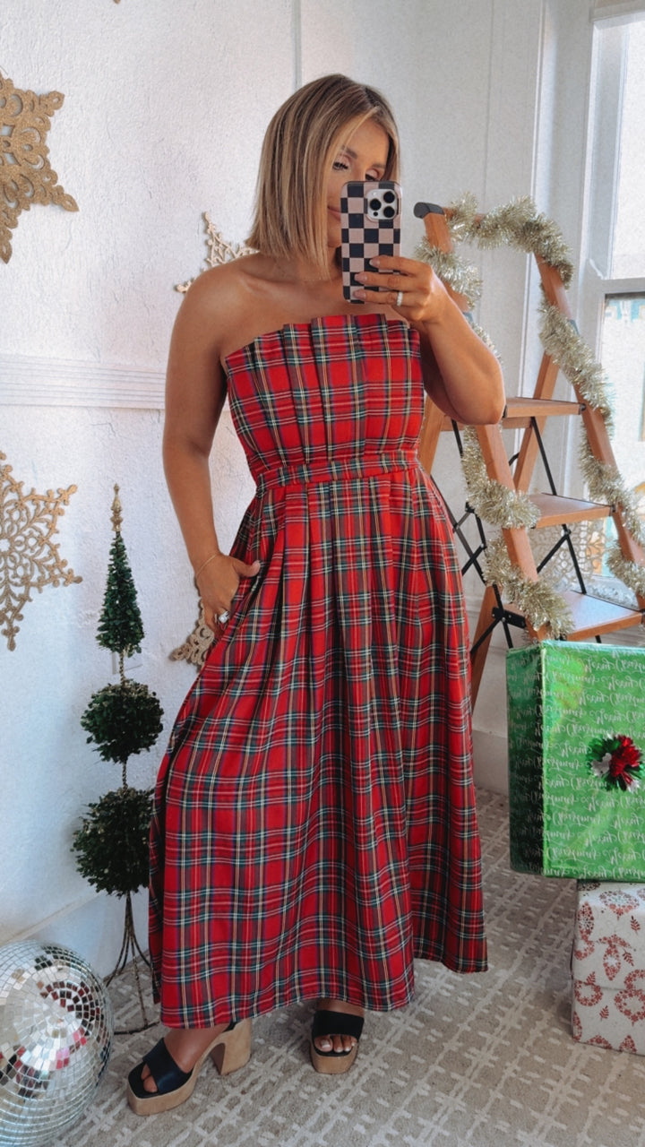 Cheers To You Plaid Strapless Midi Dress, Red